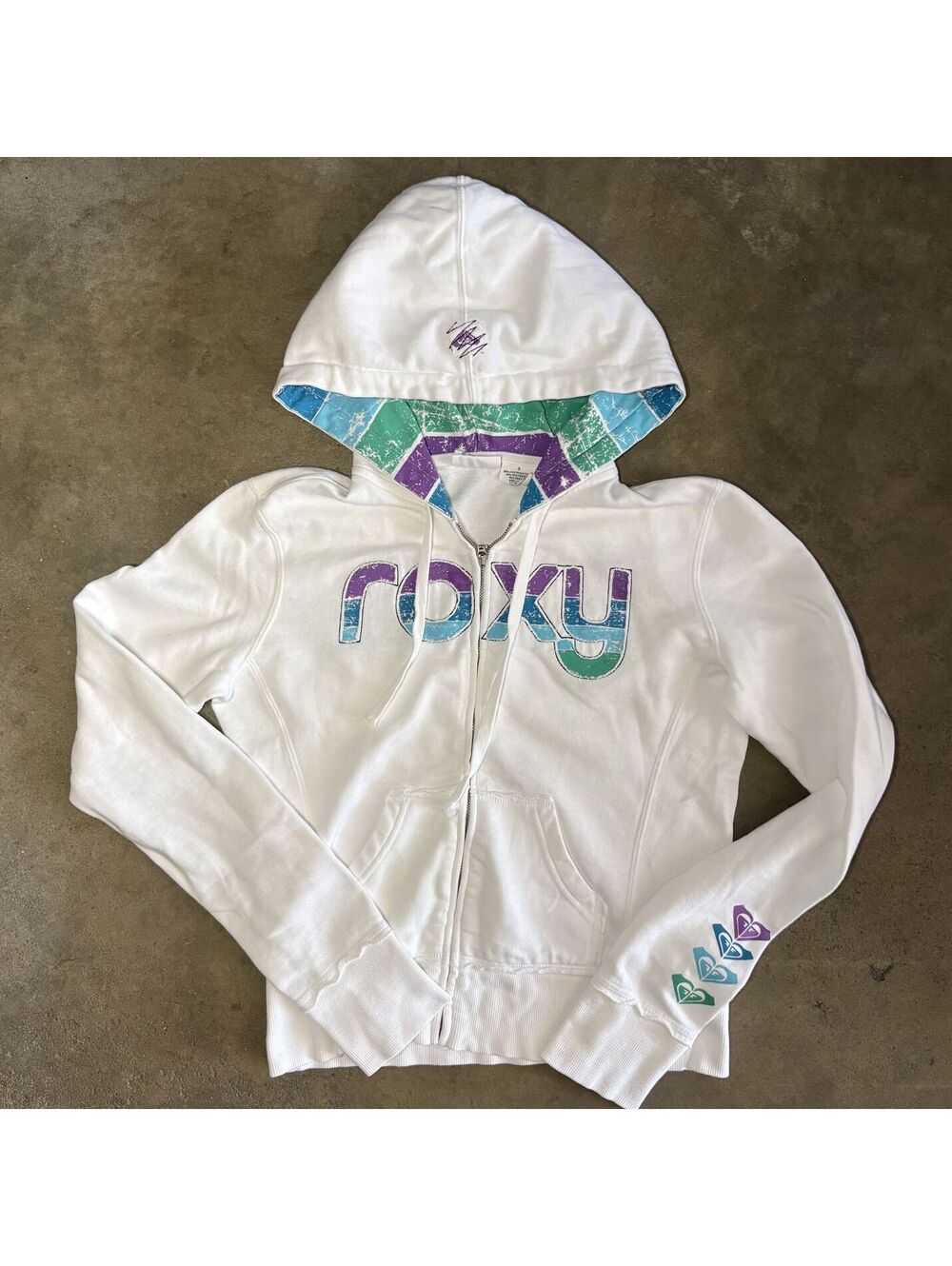 Y2K Roxy Women's Zip-Up Hoodie Sz Small with Colorful Logo and Hood Lining